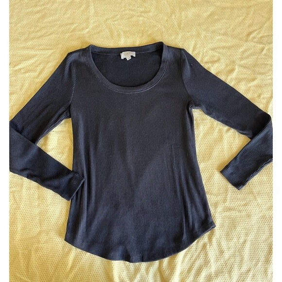 LOFT XS Black Ribbed Long Sleeve Scoop Neck Tee Top Shirt Capsule Wardrobe - Picture 1 of 7